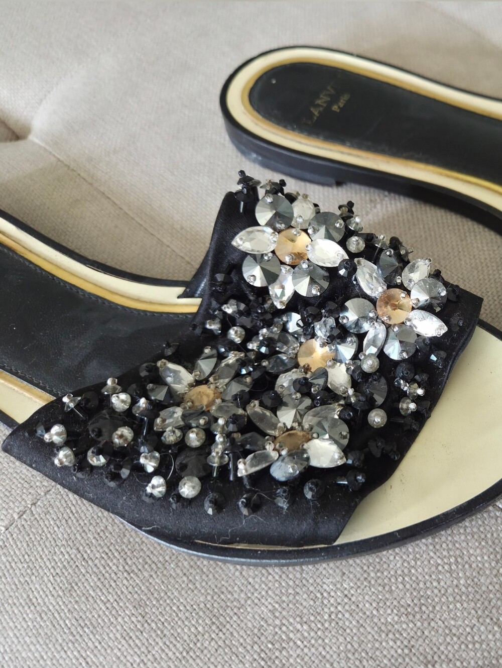 Lanvin Black Satin Jeweled Slide Sandals with Crystals 38